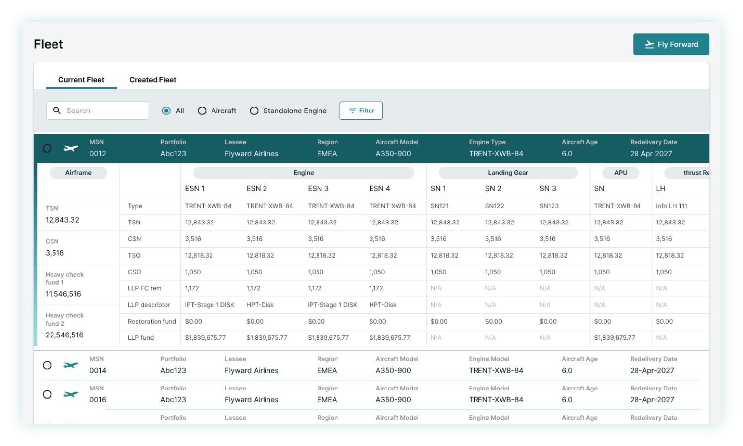 Aviation fleet management data console interface